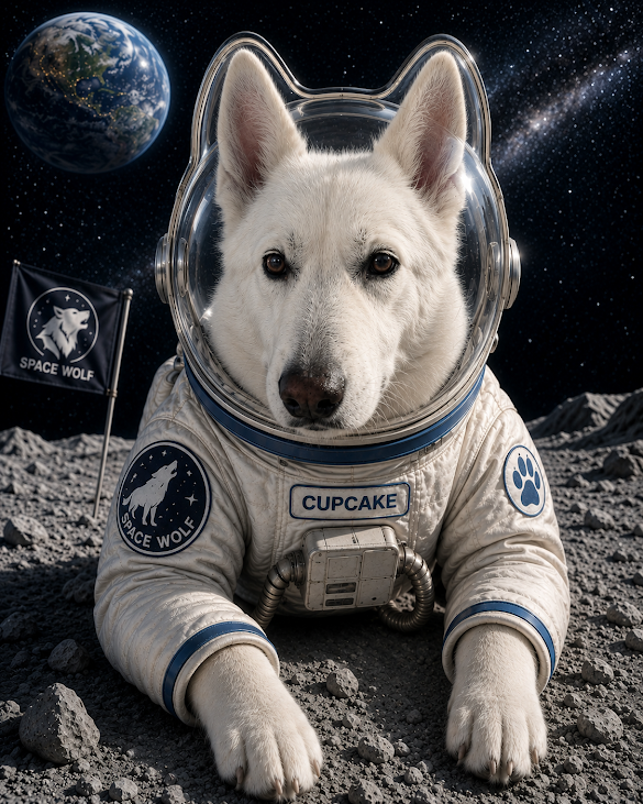 Cupcake Space Wolf Mascot on Lunar Mission